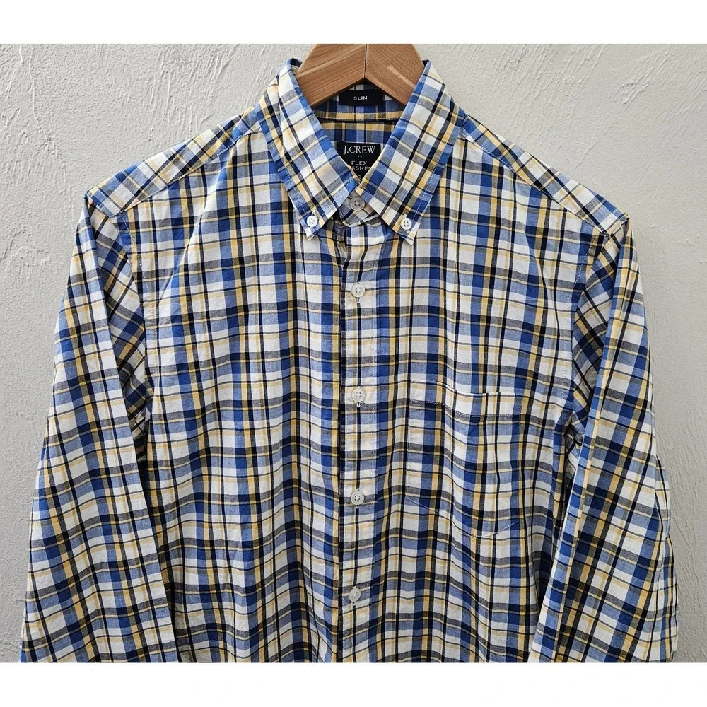 J.Crew‎ Shirt Men's Size Small Blue Yellow Plaid Flex Washed Slim Long Sleeve